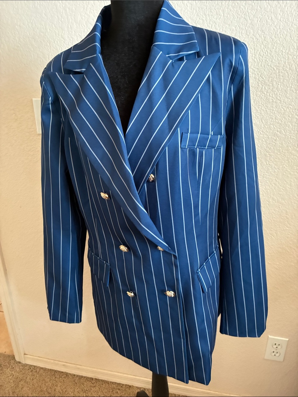 Navy Blue Pinstripe Double-Breasted Blazer